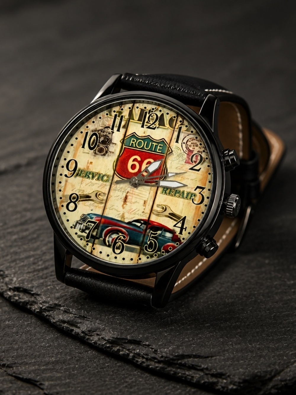 Route 66 Vintage-Inspired Black Leather Men’s Watch-Unisex